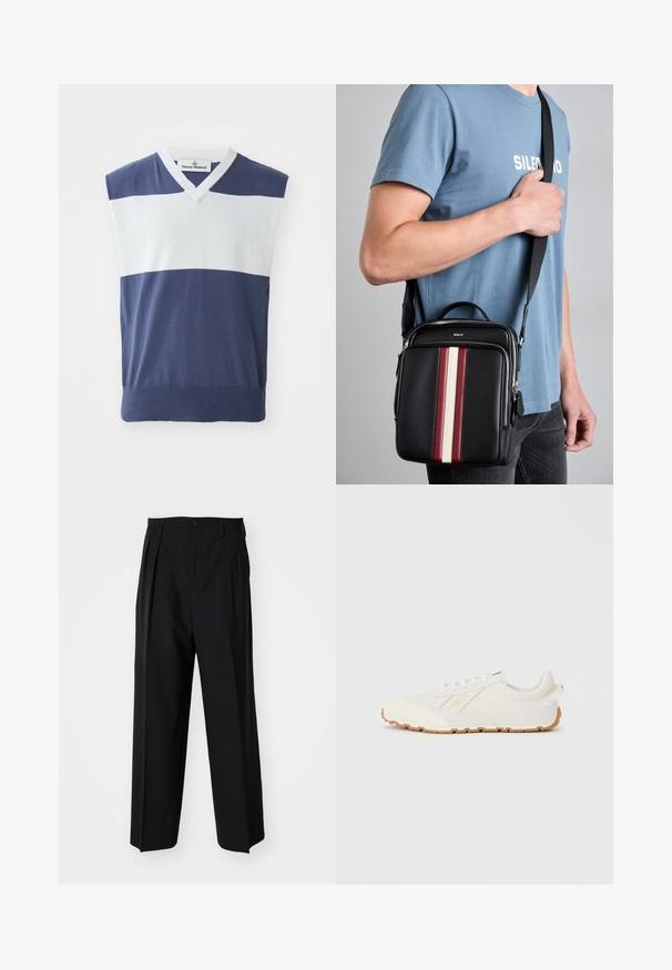 Námořnický modrý bezrukávový svetr s bílými horizontálními pruhy, designem do V, žebrovým lemem, vyrobený z měkkého, lehkého pleteného materiálu.; Černé skládací kalhoty s rovnými, širokými nohavicemi. Vyrobené z hladké tkaniny, se zapínáním na knoflík a poutky na opasek.; Bílé atletické tenisky s texturovaným, hladkým povrchem, s gumovou podrážkou a jemným zlatým logem na boku. Minimalistický design.; Černá kožená taška přes rameno s vertikálními pruhy v červené, bílé a béžové barvě. Obsahuje horní rukojeť a nastavitelný popruh. Viditelný zip.