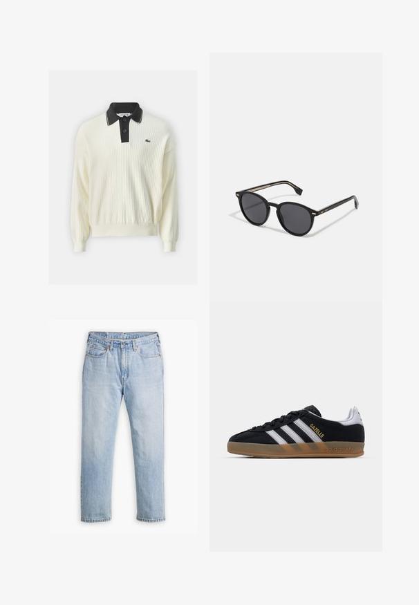 Lacoste Pulover - lapland; Svetlo modri traper hlače z ravnim krojem, pet žepov in kontrastnim šivom. Zaklepanje z gumbom in zadrgo v pasu.; Črne suede teniske z belimi črtami, svetlo rjavim gumijastim podplatom in zlatim logotipom "Gazelle". Klasična nizka zasnova, ki vključuje teksturirano zgornji del.; BOSS Sončna očala - black