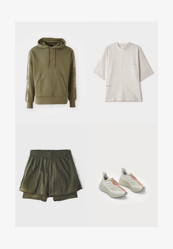 Olivovozelená mikina s kapucňou a predným vreckom, stiahnuteľná kapucňa, s metalickými ružovými akcentmi na rukávoch. Obsahuje malé logo na hrudi.; Svetlošedé voľné tričko s krátkymi rukávmi, s malým čiernym potlačou na hrudi a červeným logom na leme. Jesť jemná bavlna.; Olivové športové šortky s elastickým pásom, vnútornou podšívkou a perforovanými panelmi pre ventiláciu. Ľahký, neformálny dizajn.; Biele športové topánky s textúrovaným zvrškom, s tromi diagonálnymi pruhmi, oranžovými šnúrkami a polstrovanou, zakrivenou podrážkou.