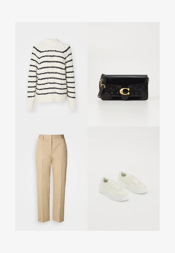 Krém színű kötött pulóver, tengerészkék vízszintes csíkokkal, magas nyakkal, texturált mintákkal, valamint bordás mandzsettákkal és aljjal.; Bézs egyenes szárú nadrág övbújtatókkal, elülső hajtással és rejtett záródással, világos háttér előtt bemutatva.; Fehér, alacsony szárú sportcipők vastag talppal és fűzővel, oldalán és orrán perforált részletekkel, fehér háttéren bemutatva.; Fekete lakk bőr kézitáska arany hardware-rel, beleértve egy zárszerkezetet. Texturált dizájn és levehető pánt jellemzi. Kompakt, téglalap alakú.