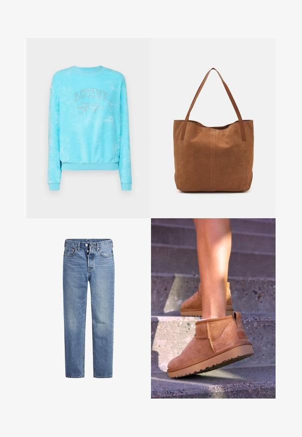 Felpa tie-dye blu chiaro con colletto a girocollo, maniche lunghe e testo in strass che recita "ACTIVE 77" sulla parte anteriore.; Jeans in denim blu chiaro con taglio dritto, design a cinque tasche e chiusura con bottone. Presentano una leggera sbiaditura e dettagli in cucitura arancione.; Stivali alla caviglia in suede beige con una consistenza morbida, dettagli cuciti e suola in gomma, dotati di un tacco ad anello per una facile vestibilità.; Borsa a spalla in suede marrone con due manici lunghi, caratterizzata da una texture liscia, design semplice e senza hardware o dettagli visibili.