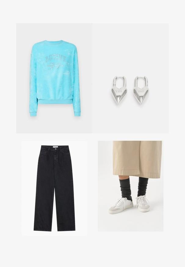 Gaiši zils krāsu pārejas krekls ar apaļu kakla izgriezumu, garām piedurknēm un rhinestone tekstu "ACTIVE 77" pāri priekšai.; Melni augsta vidukļa plaša kāju džinsi ar priekšējo pogu un rāvējslēdzēju, jostas cilpām un piecām kabatām.; Baltas un pelēks sneakers ar melnu papēža akcentu, ar gludu ādas virsu un teksturētu zamšu purngali. Nēsāti ar tumši pelēkām, vaļīgām zeķēm.; Sudraba sirdī formas piekariņi ar iegravētiem "JĀ" un "NĒ" tekstiem, pulēta apdare, simetrisks dizains un izturīgs metāla aizdare.