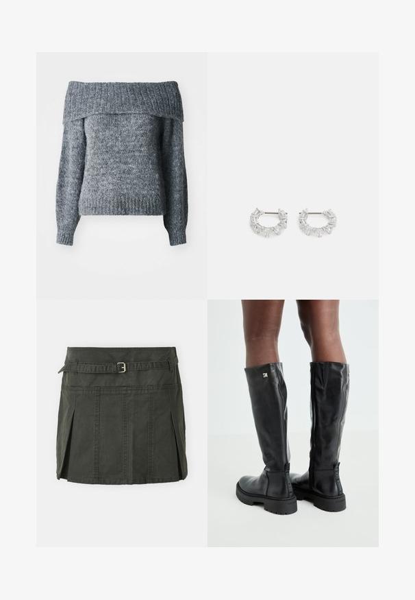 Grijze off-the-shoulder trui, gebreide textuur, lange mouwen, geribde onderrand en halslijn met een losse pasvorm, geschikt voor het lagen.; Donkergroene, katoenen mini-jurk met een aansluitende taille, een riem en voorplooien. Bevat stikdetails en heeft een klassieke snit.; Zwarte leren kniehoge laarzen met een gladde textuur, ronde neus, stevige zool en ritssluiting. Voorzien van een zilveren logo aan de zijkant.; Zilveren oorbellen met ringen, versierd met heldere, rechthoekige en driehoekige kristallen die in een patroon zijn gerangschikt. Met gevest voor een veilige bevestiging.