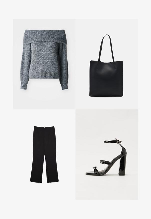 Pull gris à épaules dénudées, texture tricotée, manches longues, ourlet et encolure côtelés avec une coupe ample, idéal pour le superposition.; Pantalon noir avec une coupe droite, doté de poches avant et d'éclairs sur l'ourlet. Fabriqué en tissu doux et lisse. Convient à diverses occasions.; Sandales à talons hauts en cuir verni noir avec deux brides à boucles, bout carré et talon bloc épais, présentant une texture lisse et brillante.; Sac fourre-tout en cuir noir avec une texture lisse, de forme rectangulaire et deux longues poignées. Pas de matériel ou d'ornementations visibles.