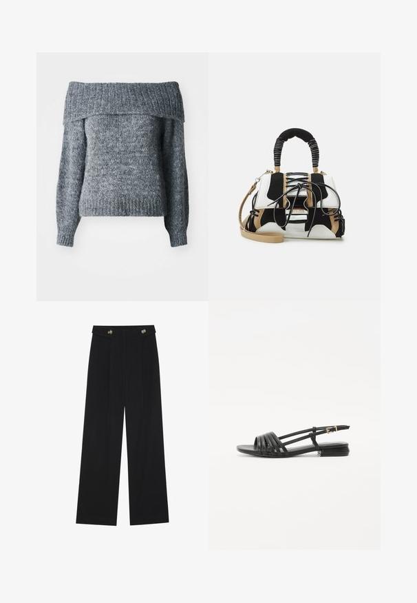 Pāri plecu pelēks džemperis, adīta tekstūra, garas piedurknes, ribota mala un kakls ar brīvu piegriezumu, piemērots slāņu valkāšanai.; Melnas platās bikses ar augstu jostasvietu, pogu detaļām uz jostas un priekšējām krokām.; Melnas plakanas sandalēs ar jostu dizainu, kas ietver vairākas ādas jostas un šauru potītes sprādzi. Zole ir plakana un taisnstūrveida.; Daudzkrāsaina soma ar melnu, baltu un bēša sietu. Somas priekšpusē ir teksturēts rokturis, lentes dizains un noņemams plecu siksniņa.