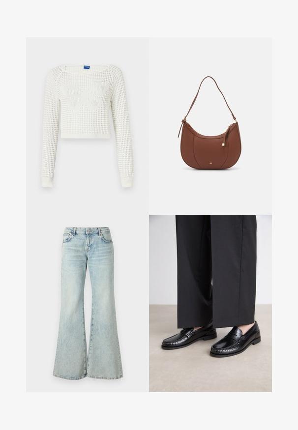Maglione corto bianco a maglia con un motivo testurizzato, caratterizzato da un design di farfalla al centro e polsini a costine sulle maniche.; Jeans a palazzo di colore blu chiaro realizzati in denim, con vita alta, tasche e orli sfilacciati. Il tessuto presenta un lavaggio sbiadito e una texture sottile.; Mocassini in pelle nera con una finitura liscia, dettagli cuciti attorno alla punta e suola in gomma bassa. Abbinati a pantaloni neri larghi.; Borsa a spalla in finta pelle marrone con forma curvata, cuciture minime e un accento in metallo dorato. Presenta una chiusura con zip superiore e una tracolla regolabile.