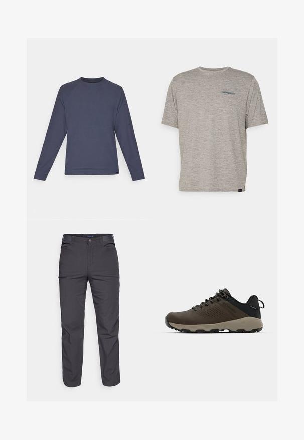 Μακρυμάνικη φούτερ ναυτικού μπλε χρώματος με στρογγυλή λαιμόκοψη, ραγκλάν μανίκια και λεία υφή. Διαθέτει ραφή στο ύψος του στήθους.; Γκρι κοντομάνικο T-shirt φτιαγμένο από μαλακό, υφασματοποιημένο υλικό με μικρό μπλε λογότυπο Patagonia στο αριστερό στήθος. Χωρίς επιπλέον μοτίβα.; Σκούρες γκρι παν trousers από ανθεκτικό ύφασμα, με τσέπη με φερμουάρ, ευθεία γραμμή και θηλιές για ζώνη για ρυθμιζόμενη εφαρμογή.; Καφέ αδιάβροχα αθλητικά παπούτσια με υφασμάτινη επάνω επιφάνεια, διατρήσεις, μαύρη στήριξη στη φτέρνα και γκρι ελαστική σόλα. Οι κορδόνες είναι διακοσμημένες με μεταλλικές άκρες.