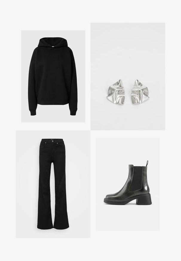 Fekete kapucnis pulóver puha anyagból, laza szabással, bordázott mandzsettákkal és diszkrét logóval az elején.; Fekete, trapéz szabású farmernadrág, magas derékkal, öt zsebbel és fémből készült gombos zárással. Simább textúrájú, minimális díszítéssel.; Fekete bőr bokacsizmák sima felülettel, rugalmas oldalsó panelekkel és vastag sarkakkal. Jellemzőjük egy húzófül, amely megkönnyíti a felvételt.; Ezüst fém fülbevalók hullámos, szobrászati kialakítással, fényes felülettel és szabálytalan formákkal, amelyek a kortárs esztétikát hangsúlyozzák.