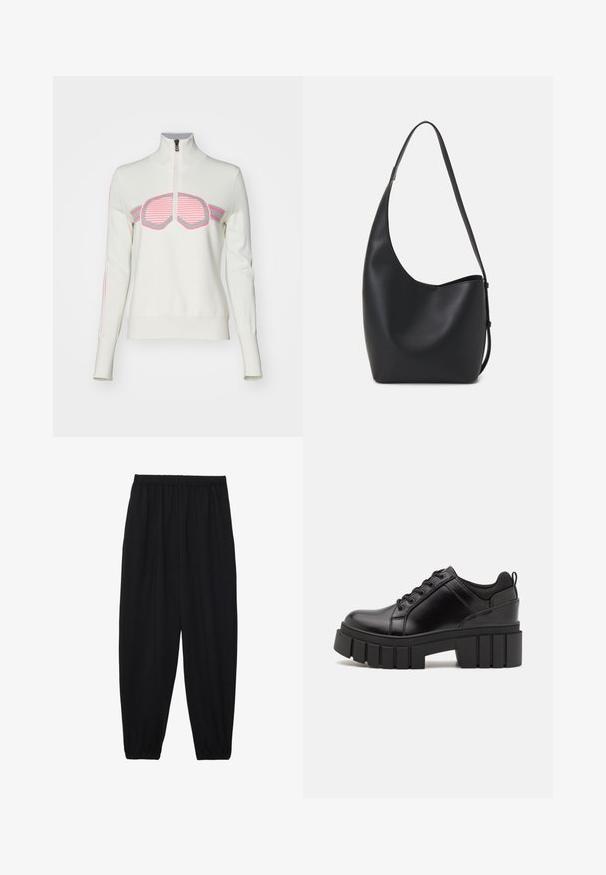 Bogner Fire + Ice AZRA3 - Jumper - light chalk; Black, lightweight pants with an elastic waistband and gathered ankles. The fabric is smooth and features a relaxed, tapered design.; Black leather platform shoes with a chunky block heel, round toe, and traditional lace-up design. Features smooth texture and minimal detailing.; Black leather hobo bag with a smooth texture, curved shape, and single adjustable strap; features a wide opening at the top.