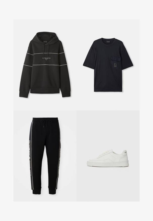 Czarna bluza z kapturem z białymi poziomymi paskami oraz haftem "Emporio Armani Milano" na klatce piersiowej.; Czarna krótkozasięgowa koszulka z okrągłym dekoltem, z klapką na lewej piersi, z małą prostokątną łatką z logo.; Czarne spodnie dresowe z elastycznym pasem, sznurkiem, bocznymi kieszeniami, ściągaczami oraz białym napisem "Emporio Armani" wzdłuż bocznych pasków.; Białe skórzane sneakersy o gładkim wykończeniu, okrągłym nosku, płaskich sznurówkach i teksturowanej podeszwie. Charakteryzują się delikatnym logo na pięcie.