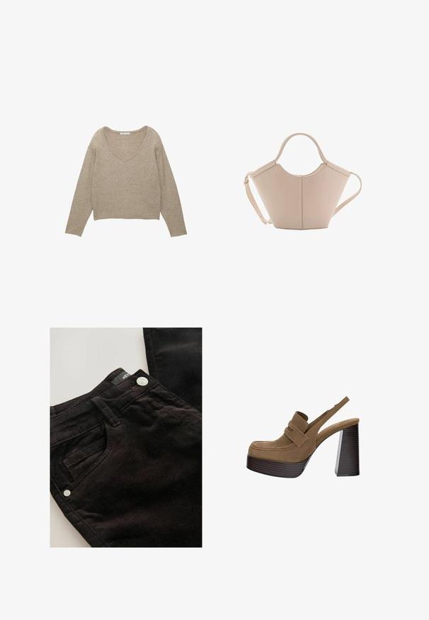 V-Ausschnitt-Pullover in hellbeige, mit langen Ärmeln und verkürztem Schnitt; aus weichem, strukturiertem Stoff mit lockerer Passform.; Schwarze Cordhosen mit Reißverschluss und silbernem Knopf, ausgestattet mit Fronttaschen und ausgeprägten vertikalen Rillen in der Stofftextur.; Braune Wildleder-Plateaupumps mit einem dicken, gerippten Blockabsatz und einem breiten Riemen über dem Obermaterial, ausgestattet mit einem runden Zehendesign.; Beige Lederhandtasche mit einer einzigartigen Form, die zwei kurze Henkel und einen langen verstellbaren Riemen aufweist. Glatte Textur mit minimalen Hardware-Elementen.