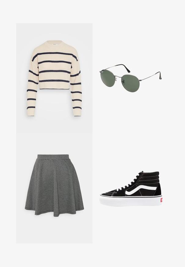 Kremna kratka jopica z mornarsko modrimi vodoravnimi črtami, z rebrasto teksturo, okroglo ovratnico in dolgimi rokavi.; Karirana krilna suknja u crno-beloj kombinaciji sa uskim pojasom i raširenim rubom, izrađena od teksturiranog materijala koji prikazuje klasični uzorak.; Črne visoke superge z belimi vezalkami, belim logotipom in kontrastnim belim šivom. Imajo debel bel podplat in teksturirano usnje.; Sončna očala z ovalnimi zelenimi lečami v kovinskem okvirju. Tanjši srebrni kovinski okvir in črne ušesne konice. Minimalistična zasnova, brez vidnih logotipov.