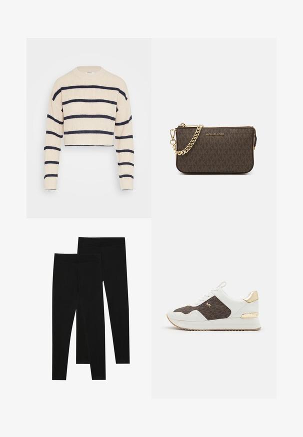 Cremefarbener, kürzer geschnittener Pullover mit navyblauen horizontalen Streifen, ausgestattet mit einer gerippten Struktur, Rundhals-Ausschnitt und langen Ärmeln.; Schwarze Leggings aus dehnbarem Stoff, mit einem nahtlosen Bund und einer schmalen Passform, geeignet für Freizeit oder Sport.; Weiße Sneakers mit braunem gemustertem Stoffpaneel, goldenen Hardware-Akzenten, runder Zehenpartie, Schnürdesign und strukturiertem Gummisohle.; Braune Leder-Crossbody-Tasche mit Logo-Muster, goldener Kettenriemen, Reißverschlussverschluss und goldenen Hardware-Details. Kompakte und rechteckige Form.