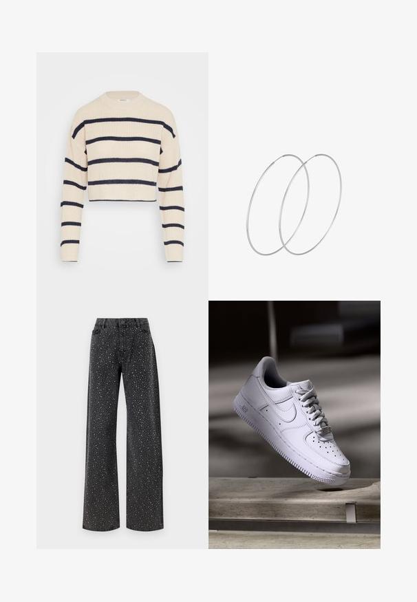Pull un cropped de couleur crème avec des rayures horizontales bleu marine, présentant une texture côtelée, un col rond et des manches longues.; Noisy May NMJANNEL LOOSE - Jean boyfriend - black denim; Baskets Nike Air Force 1 blanches lévitant au-dessus d'une surface en béton avec des ombres dans un cadre minimaliste.; Boucles d'oreilles en argent au design minimaliste. Forme circulaire, texture lisse et profil fin. Légères avec une finition polie.