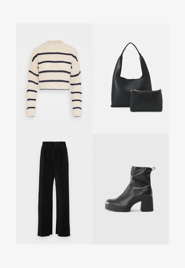Krémový zkrácený svetr s námořnickými vodorovnými pruhy, s ribrovou strukturou, kulatým výstřihem a dlouhými rukávy.; Černé plisované kalhoty s elastickým pasem. Mají široké nohavice a hladkou, strukturovanou tkaninu s vertikálními pruhy.; Černé kotníkové boty vyrobené z hladké kůže, s bočním zipem, robustním strukturovaným podpatkem a kulatou špičkou.; Even&Odd Kabelka - black