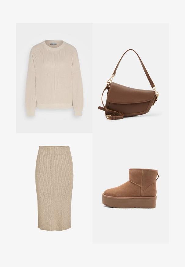 Anna Field Camisola - grey; Saia de malha em uma cor bege claro com textura em riscas verticais, até o joelho, com um cós elástico e corte reto.; Bota ankle em suede bege com sola plataforma, ponta arredondada e acabamentos de costura; conta com uma alça na parte de trás para facilitar o calçar.; Saco de ombro em couro castanho com um acabamento texturizado, forma curva, metal dourado, alça ajustável e fecho com aba.