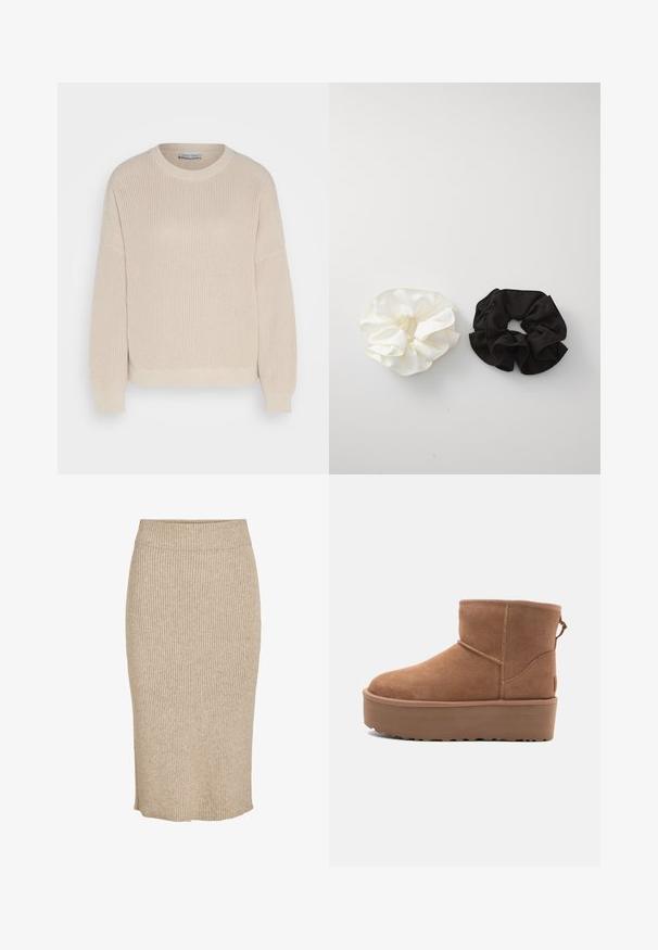 Anna Field Džemperis - grey; Adītas svārki gaiši bēšā krāsā ar vertikālu ribotu tekstūru, līdz ceļgaliem, ar elastīgu jostasvietu un taisnu griezumu.; Bēša zamšadeguna potīte ar platformas zoli, apaļu purngalu un šuvju akcentiem; aizmugurē ir vilkšanas cilpa, kas nodrošina ērtu uzvilkšanu.; Divi satīna scrunchie, viens balts un viens melns, ar ziedu dizainu un gludu tekstūru, attēloti uz vienkārša balta fona.