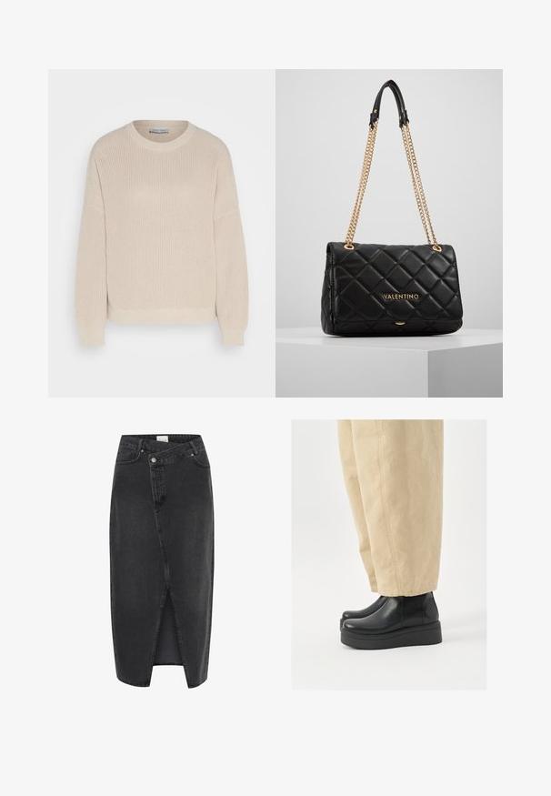 Anna Field Trui - grey; Zwarte denim midi-rok met een split aan de voorkant, gestructureerde pasvorm en klassiek vijf-pocket ontwerp. Voorzien van een knoop- en ritssluiting.; Zwarte leren enkellaarzen met een ronde neus en platformzool. Gecombineerd met beige wijde broekspijpen, met zichtbare stikdetails.; Zwarte gewatteerde leren handtas met een gouden kettingband en logo-detail. Rechthoekige vorm, zachte textuur, met een klep sluiting.