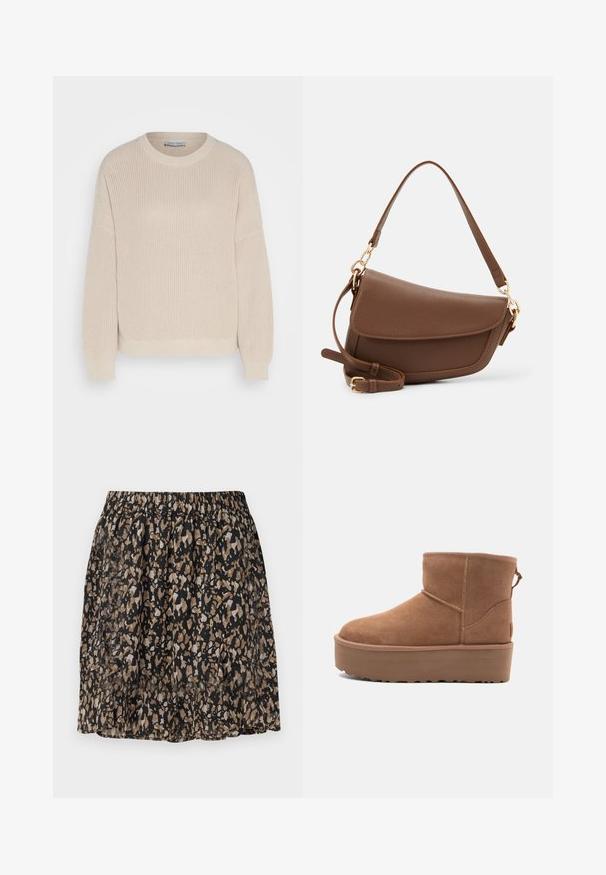 Anna Field Strickpullover - grey; Schwarze Rock mit einem verschwommenen, abstrakten Muster in Beige und Braun. Elastischer Bund, leichtes Material und knielange Gestaltung.; Beige Wildleder-Ankle-Boot mit Plateausohle, abgerundetem Zehenbereich und abgesteppten Akzenten; verfügt über eine Zuglasche hinten für einfaches An- und Ausziehen.; Braune Lederschultertasche mit strukturiertem Finish, geschwungener Form, goldfarbenen Beschlägen, verstellbarem Schulterriemen und Klappenverschluss.