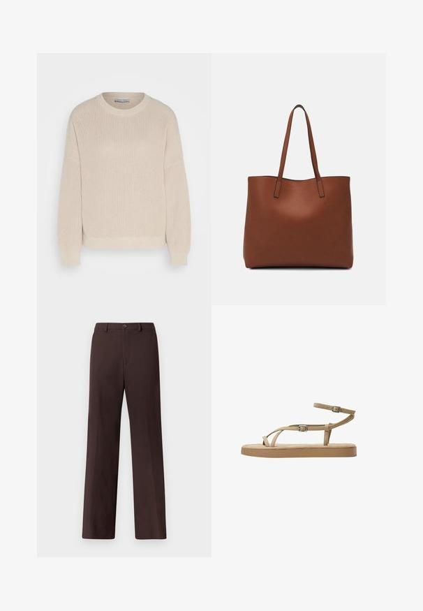 Anna Field Trui - grey; Bruine wijde broek met een gladde textuur, voorzien van een knoopsluiting, voorzakken en een getailleerd ontwerp zonder zichtbare patronen.; Tan sandalen met slanke banden, een detailsluitingen en een gevoerde zool. De banden zijn gemaakt van een zacht materiaal, ontworpen voor comfort en ademend vermogen.; Bruine leren tote bag met een gladde textuur, een ontwerp met een open bovenkant en twee schouderbanden. Kenmerkt zich door minimale stiksels en geen zichtbare hardware.