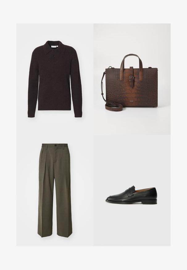 Brown knit pullover with long sleeves, a collar, and a buttoned placket. Soft texture, slightly loose fit, and plain design.; Filippa K WIDE TROUSERS - Trousers - driftwood; Black leather loafer with a rounded toe, subtle stitched detailing, and a low heel, featuring a smooth texture and minimalist design.; Brown crocodile-embossed leather handbag with top handles and a detachable shoulder strap. Features a buckle closure and rectangular shape.