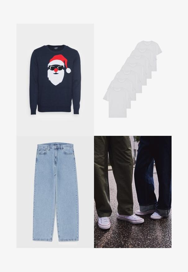 Denim Project X MAS SANTA - Camisola - navy; T-shirts brancos de algodão, mangas curtas, design de gola redonda, com textura lisa, empilhados em fila, com uma marcação subtil na gola.; Jeans de denim azul claro com design de perna reta, apresentando uma cintura de altura média, cinco bolsos e um fecho de botão e zíper.; Sapatilhas brancas de cano baixo com detalhes vermelhos, usadas com calças verde-oliva e azul-escuro. Textura suave, ilhós visíveis e solas de borracha.