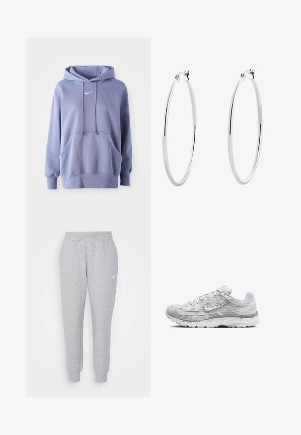 Lys lilla Nike hettegenser laget av mykt stoff, med en frontlomme, snor i hetten og en liten hvit logo på brystet.; Lysegrå collegebukser med snor i livet, smalnede ben og en liten hvit logo på venstre lår. Laget av et mykt, teksturert stoff.; Lys grå sportsko med overdel i mesh og syntetisk materiale, med snøring, polstret krave og strukturert såle for grep.; Sølv øreringer i form av ringer med en glatt, polert overflate og sømløst design, som har avrundede kanter og en sikker lås.