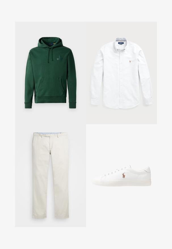 Hoodie vert avec une poche frontale, cordon de serrage à la capuche, et détails de logo brodé. Fabriqué en tissu doux avec une finition texturée.; Chemise blanche à manches longues, boutonnée, en coton. Elle se distingue par un col évasé, une fermeture à boutons et un petit logo brodé sur la poitrine.; Chino en coton beige avec une taille plate, des passants de ceinture et des poches latérales. Coupe droite avec une texture lisse et une sensation légère et respirante.; Baskets en cuir blanc, design bas, avec une texture lisse, bout rond, lacets à l'avant et un petit logo brodé sur le côté.