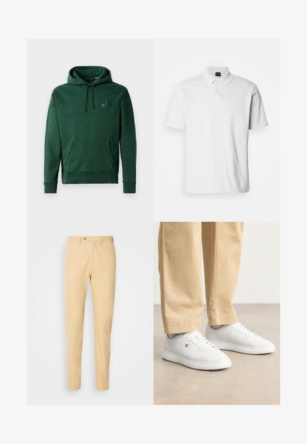 Grønn hettegenser med framlomme, snorhette og brodert logodetail. Laget av mykt stoff med en teksturert overflate.; Hvit polo skjorte laget av bomull, med klassisk krage, to knapper og en subtil merkevarelogo brodert på forsiden. Korte ermer.; Beige bukser laget av bomull med rett snitt, med knappestolper, belteslynger og sidelommer. Glatt tekstur, uten mønster.; Hvite lær sneakers med en glatt finish, med rund tå, snøring og subtile logodetaljer på siden, pyntet med beige bukser.