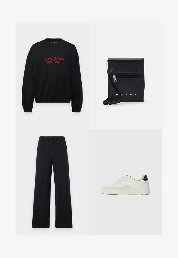 Black sweatshirt featuring red embroidered text "Every smile you fake," round neckline, long sleeves, and ribbed cuffs and hem.; Black wide-leg trousers made of soft fabric, featuring a drawstring waistband and vertical seam detailing on the front.; White sneaker with suede accents, rounded toe, flat laces, and a cream rubber sole. Features green branding on the heel.; Black leather crossbody bag with a zippered front pocket, embossed logo, and adjustable strap. Smooth texture with a structured shape.