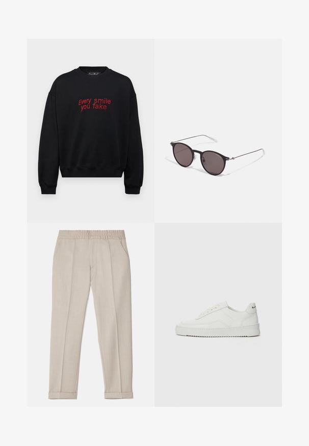 Hanorac negru cu text brodat roșu "Fiecare zâmbet pe care-l faci fals," guler rotund, mâneci lungi și manșete și tiv din bumbac rib.; Filippa K TERRY CROPPED TROUSERS - Pantaloni - sage melange; Sneakers din piele albă cu un finisaj neted, vârf rotund, șireturi plate și o talpă texturată. Prezintă un logo subtil pe călcâi.; Ochelari de soare negri rotunzi cu lentile întunecate și brațe metalice subțiri. Include vârfuri transparente pentru brate și accente argintii la balama. Design minimalist.