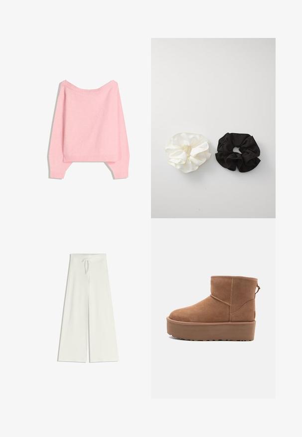Pulover roz, supradimensionat, realizat din material moale, având decolteu și manșete late, cu o croială lejeră și tiv scurt.; Pantaloni albi cu picioare largi dintr-un material tricotat moale, având un elastic în talie cu șnur pentru ajustare. Textură netedă, fără modele.; Botine din suede de culoare bej, cu talpă platformă, vârf rotund și detalii de cusătură; dispune de un mânere la spate pentru a fi ușor de încălțat.; Două elastice din satin, unul alb și unul negru, cu un design volan și textură netedă, expuse pe un fundal alb simplu.