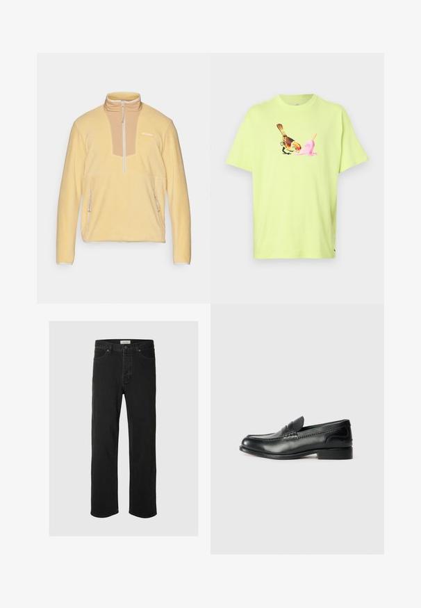 Kollane fliisijakke kõrge kraega, poole tõmbluku ja pruunide paneelide detailiga rinnal. Omab kahte tõmblukuga küljetaskut.; Lime roheline puuvillane T-särk, millel on graafika linnust ja roosast jäätisekoonusest, lihtsa ümberkaela lõike ja lühikeste varrukatega.; Mustad denim sirged püksid on varustatud klassikalise viie taskuga, nupuga kinnitamisega, minimaalse õmblusega ja pehme tekstuuriga.; Mustad mustad nahast loafers, mis on kaunistatud sileda viimistluse, õmblusdetailide ja veidi kõrgendatud kannaga.