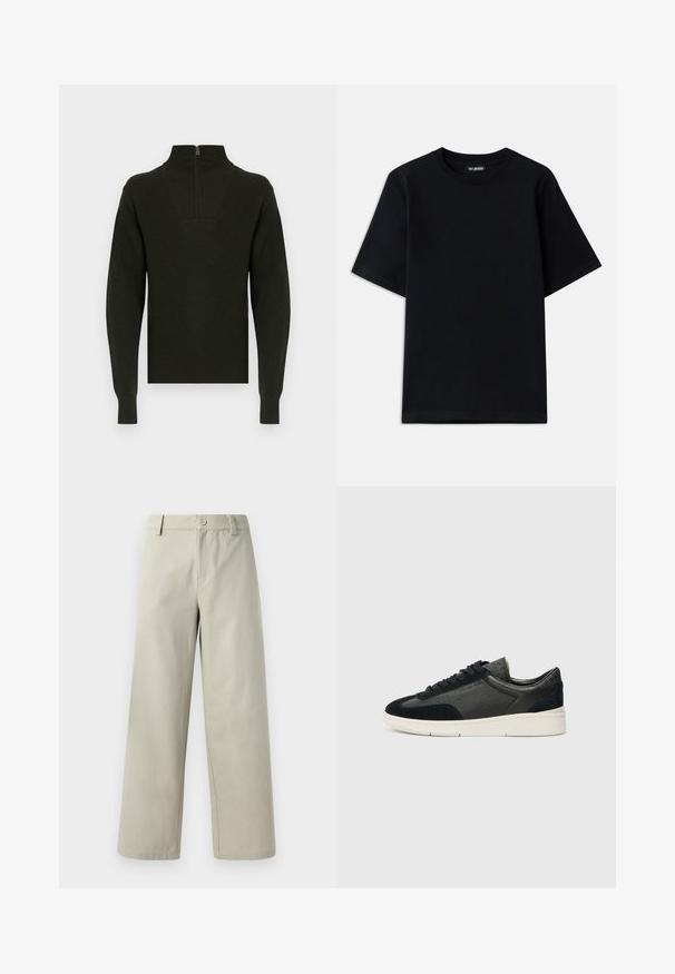 Tamnozeleni pleteni džemper s visokim ovratnikom, rebrastim manžetnama i pola patentnog zatvarača na stražnjoj strani. Glatka tekstura i uski kroj.; Crna pamučna majica s okruglim izrezom i kratkim rukavima. Ima diskretno izvezeno logotip na lijevoj strani prsa. Ravna, glatka tekstura.; Han Kjøbenhavn WIDE LEG - Hlače - light grey; Niske tenisice s kombinacijom crnog sueda i teksturirane kože, bijelim gumenim potplatom i crnim vezicama. Suptilno brendiranje sa strane.