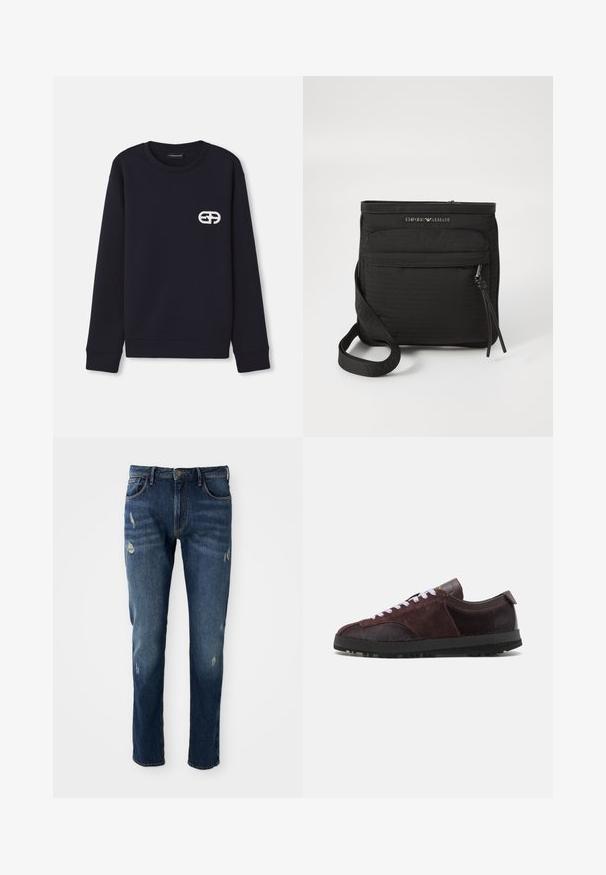 Tumši zili džemperi, kas izgatavoti no kokvilnas maisījuma, ar apaļu kakla izgriezumu, ribotiem piedurknēm un apakšmalu, kā arī ar baltu izšuvumu uz krūtīm.; Tumši zili denim džinsi ar šauru piegriezumu, neliela nodiluma vietas uz augšstilbiem un ceļgaliem, klasiskā piecu kabatu dizainā un pogu aizdare.; Paul Smith ZEPHYR - Treniņu apavi - purple; Melnā Emporio Armani krūšu soma ar priekšējo rāvējslēdzēju, regulējamu siksniņu un logotipa detaļu uz tekstūrēta auduma.