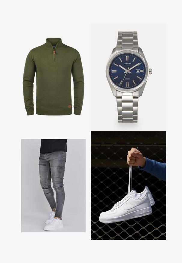 Suéter verde oliva con cierre en el cuello, hecho de tejido de punto. Presenta puños y dobladillo acanalados, con un pequeño parche de cuero en el costado inferior.; Jeans ajustados en denim gris desgastado, con detalles desgastados en las rodillas, combinados con zapatillas blancas. Textura suave, diseño de corte slim.; Zapatillas de cuero blanco con perforaciones, punta redonda, suela plana y cordones gruesos, con un logo de swoosh visible y "AIR" en el talón.; Reloj de pulsera de acero inoxidable plateado con una esfera azul marina, marcadores horarios metálicos y una ventana de fecha a las 3 en punto. Resistente al agua hasta 50 metros.
