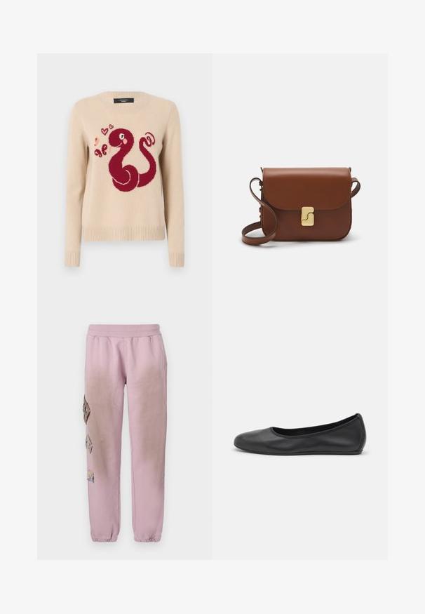 Beige Pullover mit einem roten Oktopusdesign und Herzen, gestrickte Textur, gerippte Bündchen und Saum sowie einem runden Ausschnitt.; Weißes kurzärmliges T-Shirt aus geripptem Stoff. Runder Halsausschnitt, normale Passform und dezente Nähte. Keine Muster oder Grafiken.; Rosa Sweatpants mit elastischem Bund, verziert mit dekorativen Patches in Diamantform auf der linken Seite und elastischen Bündchen an den Knöcheln.; Schwarze Leder-Ballettschuhe mit abgerundeter Spitze, glatter Textur, minimalen Nähdetails und einem flexiblen Sohlen-Design.; Braune Ledertasche mit Klappenverschluss, Beschlägen in Goldfarbe, einem Schultergurt und einer glatten Oberfläche. Kompakte rechteckige Form.
