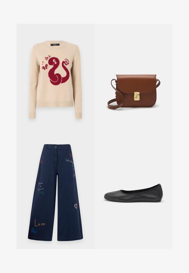 Bežna pulover s dizajnom rdeče hobotnice in srčki, pletena tekstura, rebrasti manšeti in dno ter okrogla izrezana ovratnika.; Temno modre široke hlače iz bombaža z več žepi. Imajo barvno vezeno besedilo in grafike, vključno s srčki in igrivimi frazami.; Črne usnjene balerinke z zaobljenim nosom, gladko teksturo, minimalnimi šivi in fleksibilno zasnovo podplata.; Rjava usnjena torbica s poklopcem, zlato obarvani okovi, naramnica in gladka tekstura. Kompaktna pravokotna oblika.
