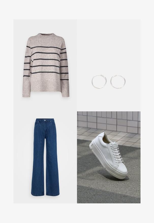 Vero Moda Tall VMFLAWLESS - Strickpullover - silver/dark grey; Weite blaue Jeans mit hoher Taille, vorderem Knopf- und Reißverschlussverschluss sowie Vorder- und Hintertaschen vor einem schlichten Hintergrund.; Weiße Leder-Sneaker mit einem Low-Top-Design, flachen Schnürsenkeln, runder Zehenform und strukturierten Seiten. Dicke Gummisohle mit dezenten Akzenten.; Silberne Creolen mit einem schlanken, runden Design, das eine glatte Oberfläche und keine sichtbaren Verzierungen aufweist. Durchmesser nicht angegeben.