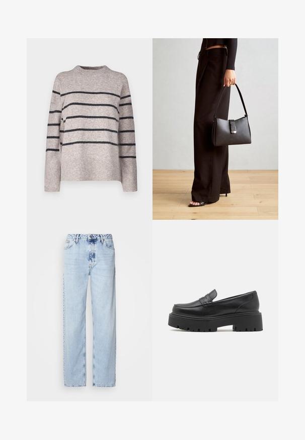 Vero Moda Tall VMFLAWLESS - Maglione - silver/dark grey; Jeans a gamba larga di un blu chiaro, realizzati in denim, con vita alta, lavaggio sbiadito e un sottile motivo tie-dye sulla parte anteriore.; Mocassini neri in pelle con una suola bassa e chunky in gomma, dettagli cuciti sulla parte superiore e una texture liscia.; Borsa nera con forma strutturata, texture liscia e una chiusura metallica. Abbinata a pantaloni neri larghi e sandali open-toe su un pavimento in legno.; Orecchini a cerchio in argento con una finitura liscia e lucente. Forma arrotondata, design leggero, con chiusura a perno.