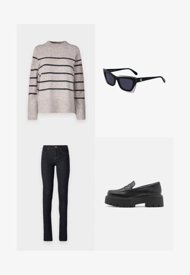Vero Moda Tall VMFLAWLESS - Pulover - silver/dark grey; Jeans din denim de culoare albastru închis, cu o croială ajustată, având o talie înaltă, cinci buzunare și accente de cusătură portocalie pe cusături.; Loaferi negri din piele cu o talpă din cauciuc joasă și groasă, detalii cusute pe partea superioară și o textură netedă.; Ochelari de soare supradimensionați, negri, cu o formă geometrică, având lentile întunecate și un detaliu gri contrastant pe ramă. Logo pe braț.; Cercei rotunzi din argint cu un finisaj neted și strălucitor. Design ușor, având o formă rotundă și închidere cu tijă.