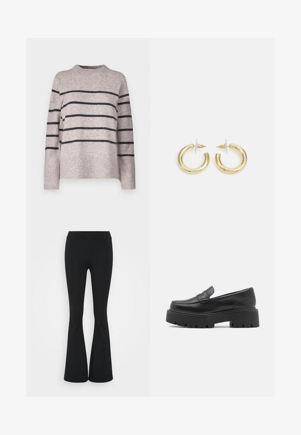 Vero Moda Tall VMFLAWLESS - Pulover - silver/dark grey; Črne hlače s širokimi hlačnicami, izdelane iz raztegljive tkanine, z visokim pasom in gladko teksturo. Hlače se širijo od kolena navzdol.; Črne usnjene loaferke z nizkim, robustnim gumijastim podplatom, šivanim detajlom na zgornjem delu in gladko teksturo.; Zlate uhane v obliki obročkov z gladko, sijočo površino. Krožna zasnova s majhnim nosilcem in prozornim podplatom za varno nošenje.