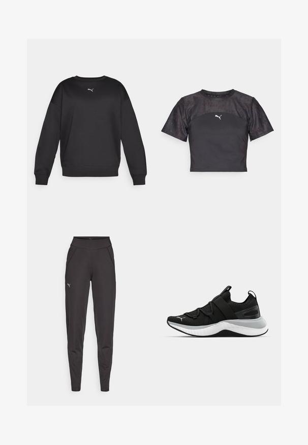 Svart sweatshirt med rundad hals och långa ärmar. Har mjukt tyg, ribbade ärmslut och en liten vit Puma-logotyp på bröstet.; Svart kortärmad croppad t-shirt med en elegant design, texturerad spetspanel och en vit Puma-logotyp på framsidan.; Svarta träningsleggings i elastiskt material, med hög midja, sidofickor och en liten reflekterande logo på vänster lår.; Svart sportskor med en texturerad ovandel, elastiska remmar och en tjock vit mellansula. Har en grå accent längs sulan.