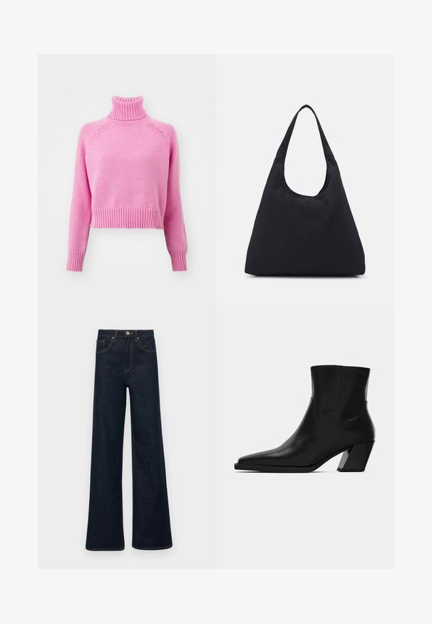 Roosa kudumiga kõrge kaelusega sviiter, millel on lühendatud disain, soonikkoes varrukasuud ja alläär, millel on tekstuuriga pind ja raglanvarrukad.; Tumedast sinised laiad teksapüksid, millel on ees taskud, vöökohad ja nööpkinnitus.; Must must jalatsid mustast nahast, terava ninaga, stiilne siluett ja jäme ruudukujuline konts. Sile tekstuur, millel on minimaalsed õmblemise detailid.; Mustmust kott ühe laia õlarihmaga. Pehme, poolstraktureeritud kuju ja sile tekstuur; minimalistik disain, ilma nähtava riistvarata.