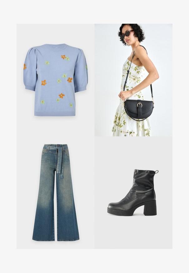 Pull en tricot bleu clair avec des manches bouffantes courtes, orné de fleurs brodées colorées en orange, vert et jaune. Col et ourlet côtelés.; Pantalons en denim à jambe large présentant un dégradé de bleu clair à bleu foncé, taille haute, passants de ceinture et une ceinture en tissu assortie. Finition en denim texturé.; Bottes noires à la cheville en cuir lisse, dotées d'une fermeture éclair sur le côté, d'un talon épais texturé et d'une conception à bout rond.; Sac à main en cuir noir avec une forme courbée, bandoulière amovible et des accessoires en or. Le sac est doté d'un rabat avec un détail de boucle.
