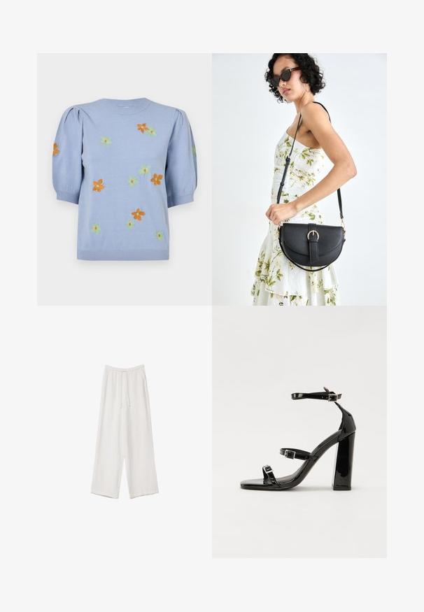 Pull en tricot bleu clair avec des manches bouffantes courtes, orné de fleurs brodées colorées en orange, vert et jaune. Col et ourlet côtelés.; Pantalons larges blancs en tissu léger. Dotés d'une taille élastique avec cordon de serrage et de poches latérales. Texture lisse.; Sandales à talons vernies noires avec un bout carré, des sangles autour de la cheville et des boucles en argent. Dotées d'un talon bloc épais pour plus de stabilité.; Sac à main en cuir noir avec une forme courbée, bandoulière amovible et des accessoires en or. Le sac est doté d'un rabat avec un détail de boucle.