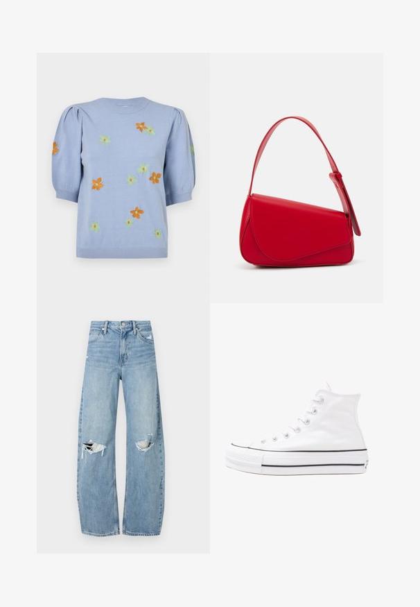 Helles blaues Strickoberteil mit kurzen Puffärmeln, das mit bunten gestickten Blumen in Orange, Grün und Gelb verziert ist. Rippbündchen am Hals und Saum.; Helles, hochtailliertes Jeans aus Denim. Hat weit geschnittene Beine, zwei aufgerissene Kniebereiche und klassischen Fünf-Taschen-Stil.; Weiße hochwertige Leinensneaker mit schwarzer Gummisohle, vorderem Gummizehenschutz und sechs Ösen für Schnürsenkel, die ein sauberes, minimalistisches Design aufweisen.; Rote Lederhandtasche mit einem kantigen, geometrischen Design. Verfügt über einen verstellbaren Schulterriemen und einen Klappenverschluss mit genähten Details.
