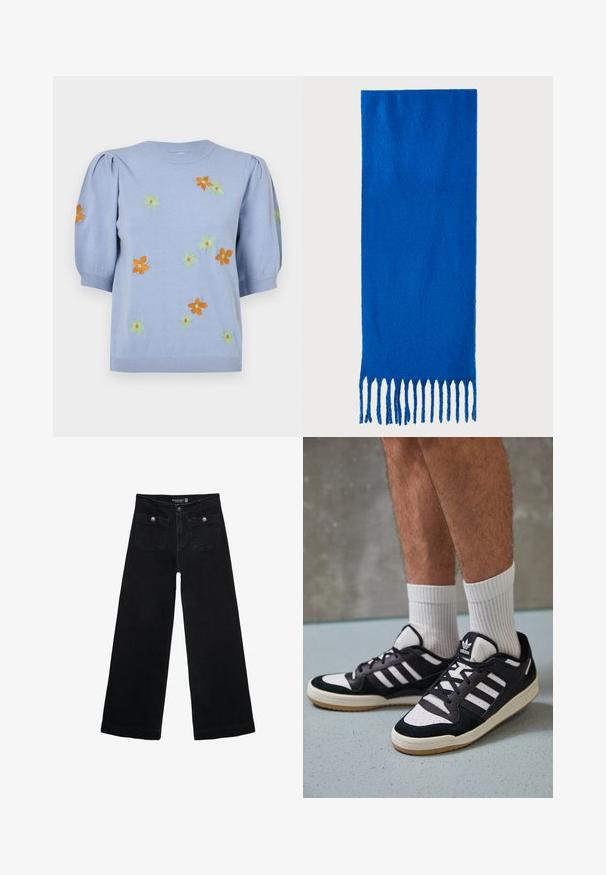 Svijetloplava pletena majica s kratkim napuhanim rukavima, ukrašena šarenim izvezenim cvjetovima u narančastoj, zelenoj i žutoj boji. Rebrasti izrez i rub.; Crne široke traperice s visokim strukom, koje imaju dva prednja džepa i metalne gumbe kao ukrase. Tkanina ima glatku teksturu.; Crne i bijele tenisice s gornjim dijelom od antilopa i kože, s tri bijele pruge, perforiranim prstom i gumiranim potplatom.; Plava šal od mekog materijala; sadrži jednobojnu boju s teksturiranom površinom i ravnomjerno rezanim resicama na dnu.; Crna kvadratna torbica preko tijela napravljena od teksturiranog sintetičkog materijala. Ima urezani dizajn logotipa i podesivu traku. Zatvaranje na patentni zatvarač.