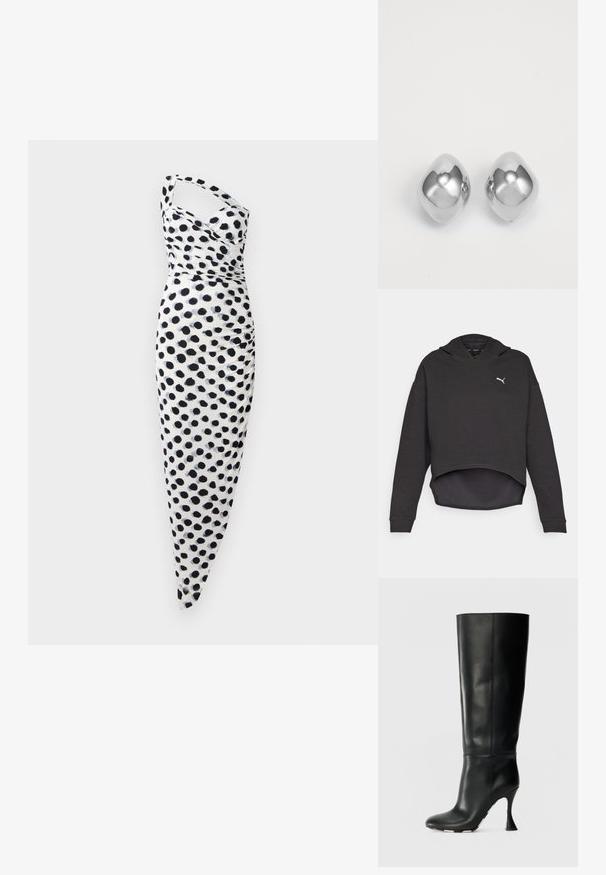 Felpa nera cropped con un tessuto texture, dotata di cappuccio e logo bianco sul petto. Maniche lunghe e orlo arrotondato.; Abito bianco con design a spalla unica, decorato con pois neri, e una vestibilità attillata con dettagli arricciati lungo il lato.; Stivale nero in pelle alto fino al ginocchio con gambale aderente e punta affusolata. Presenta un tacco curvo distintivo e una superficie liscia e texturizzata.; Orecchini in metallo argentato con una forma liscia e arrotondata, caratterizzati da una finitura lucida e una superficie riflettente. Design minimalista senza decorazioni.