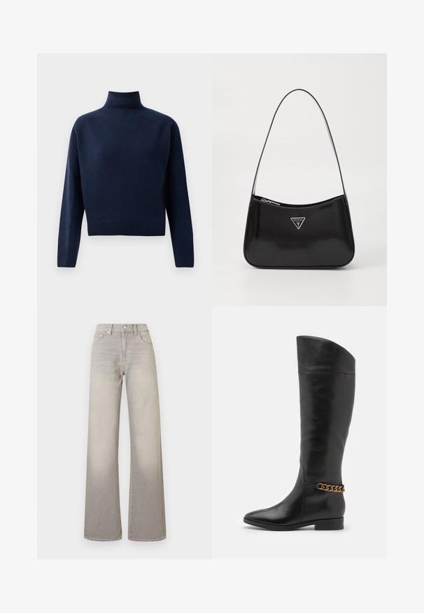 Pulover bleu marin, cu mâneci lungi și guler tip turtleneck, cu manșete, margine și guler cu dungi, expus pe un fundal alb simplu.; Jeans largi gri cu un finisaj decolorat, închidere cu buton, design cu cinci buzunare și detalii cusute pe cusături.; Cizme negre din piele înalte, cu un design elegant, vârf ascuțit și un accent de lanț auriu la gleznă. Toc mic în formă de bloc. Textură netedă.; Geantă de umăr din piele patent neagră, cu o formă curbată, având un logo triangular argintiu și închidere cu fermoar. Textură netedă și curea subțire.